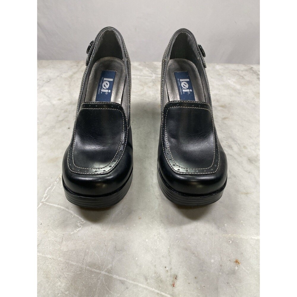 Vtg l.e.i. Platform Loafer Heels Women’s 6.5 Black Faux Leather 90’s Y2K